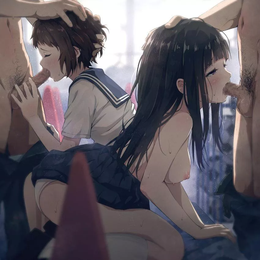2 girls giving sloppy, love how he holds the girl on the left (Asabu202) [Hyouka]