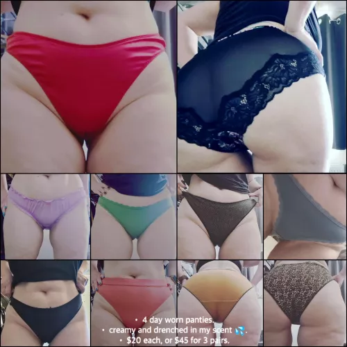 21[f][selling]: these worn panties smell just like my pretty lil' pussy 💦. dm me for information and for today's sale ✨. all packages include free standard shipping, a lil' surprise, and a short video of me showing off your purchased items ♥️