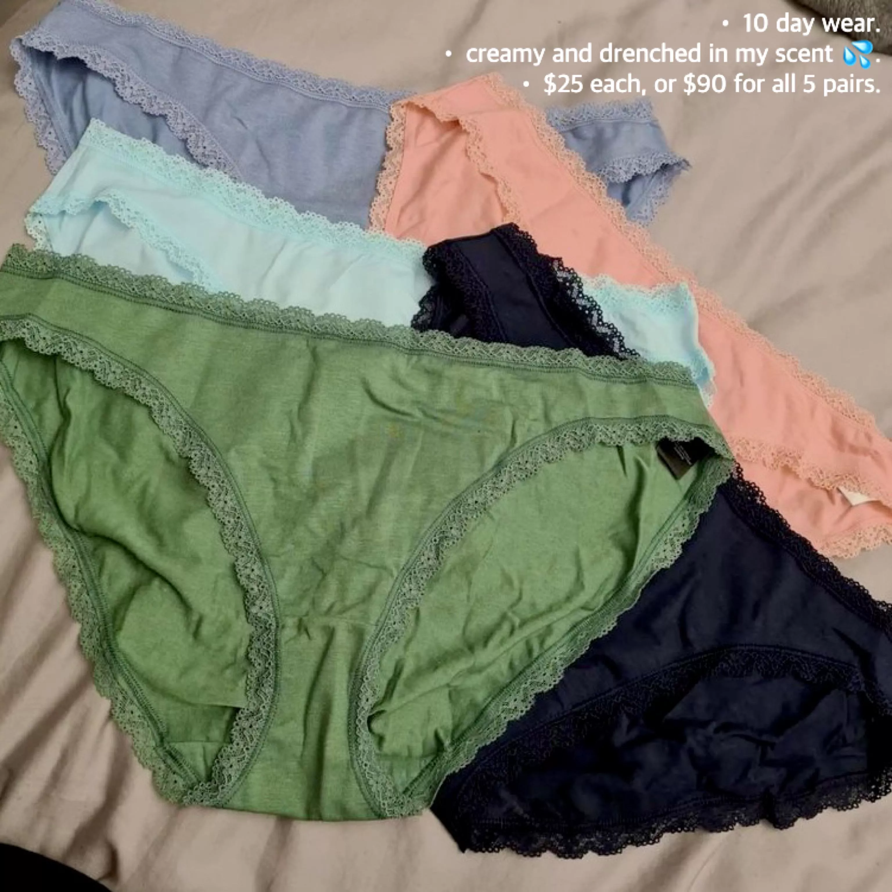 21[f][selling]: these worn panties smell just like my pretty lil' pussy 💦. dm me for information and for today's sale ✨. all packages include free standard shipping, a lil' surprise, and a short video of me showing off your purchased items ♥️