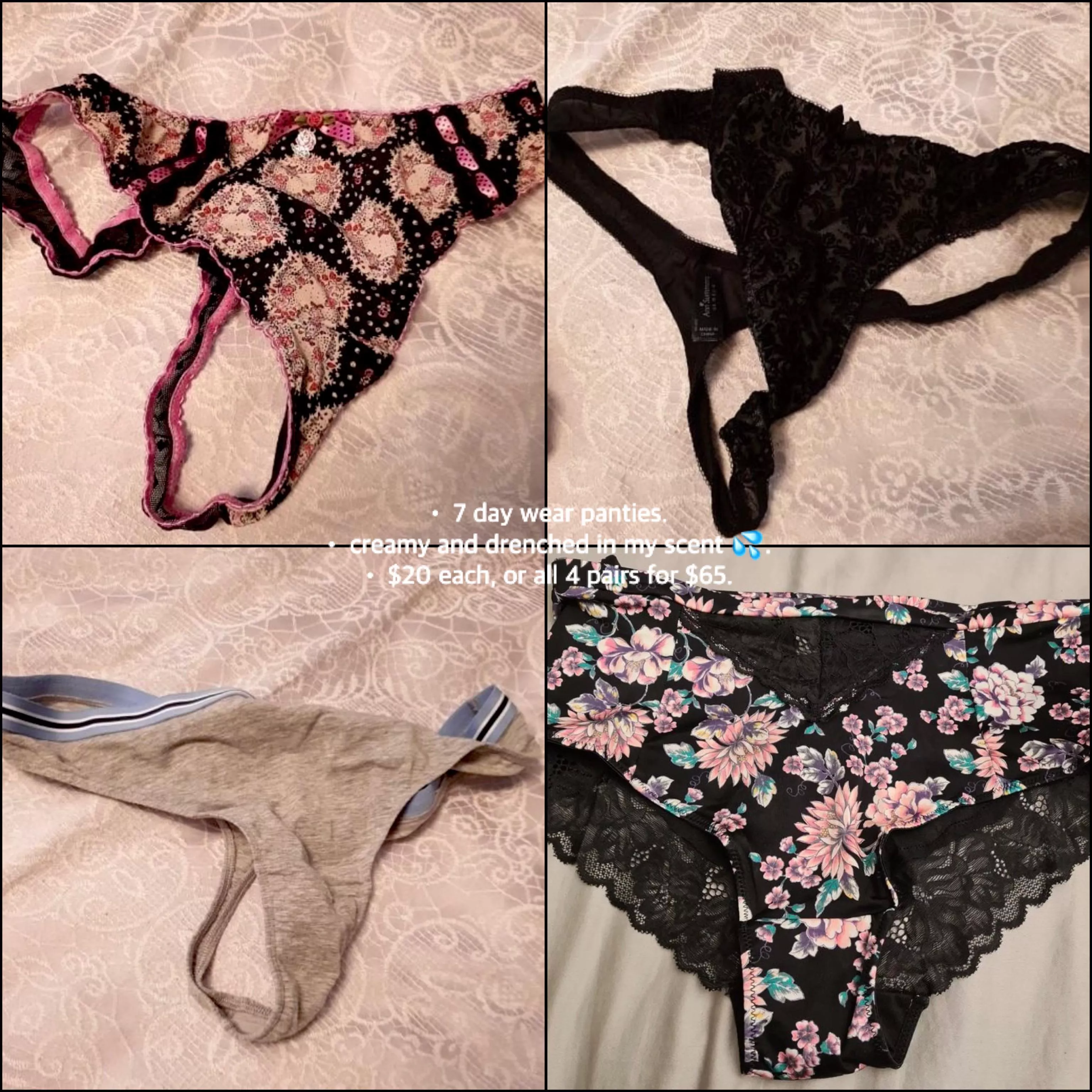 21[f][selling]: these worn panties smell just like my pretty lil' pussy 💦. dm me for information and for today's sale ✨. all packages include free standard shipping, a lil' surprise, and a short video of me showing off your purchased items ♥️