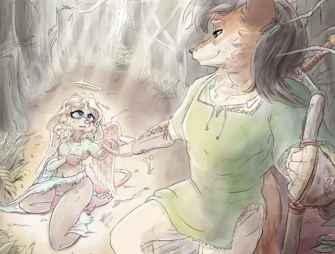 A lone wanderer meets a fallen Angel (OC/@Lewdlesart)