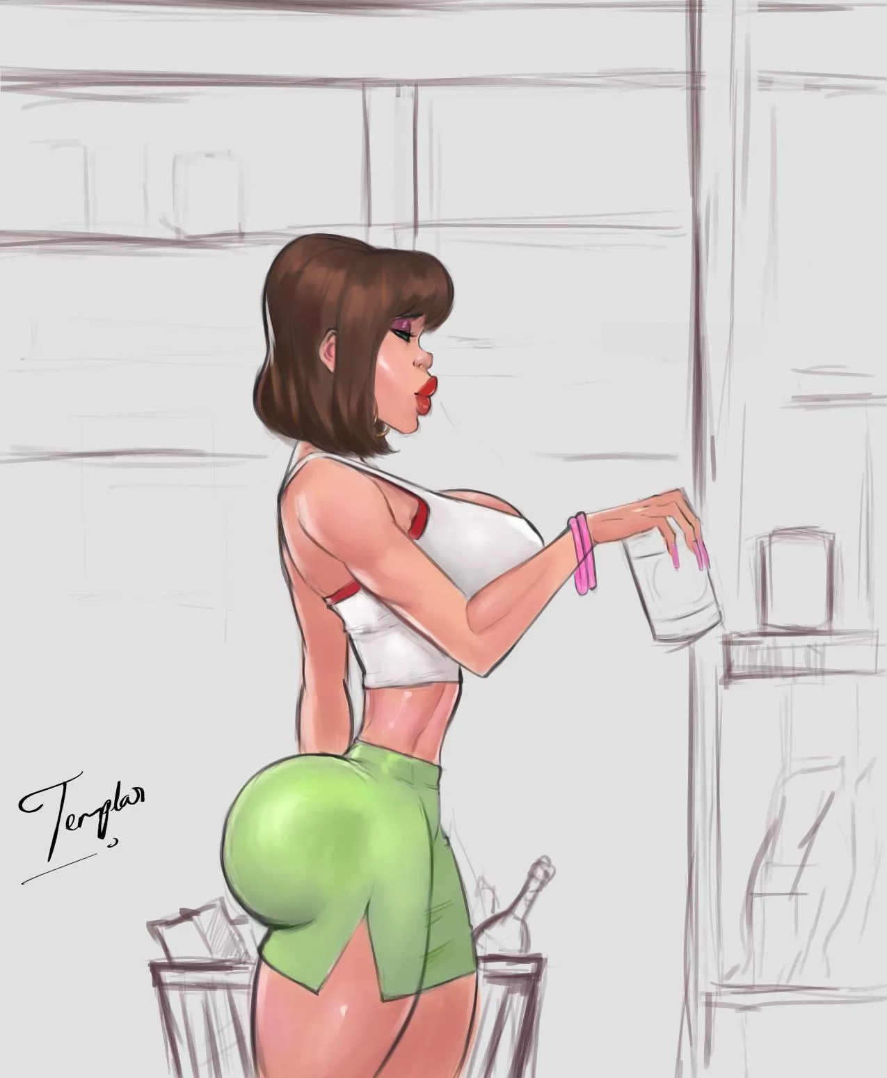 a sketch of ivy doing some shopping at a grocery store