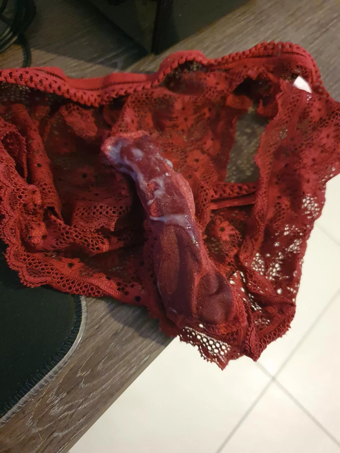 a stolen pantie from my cousin, with my cum🤤