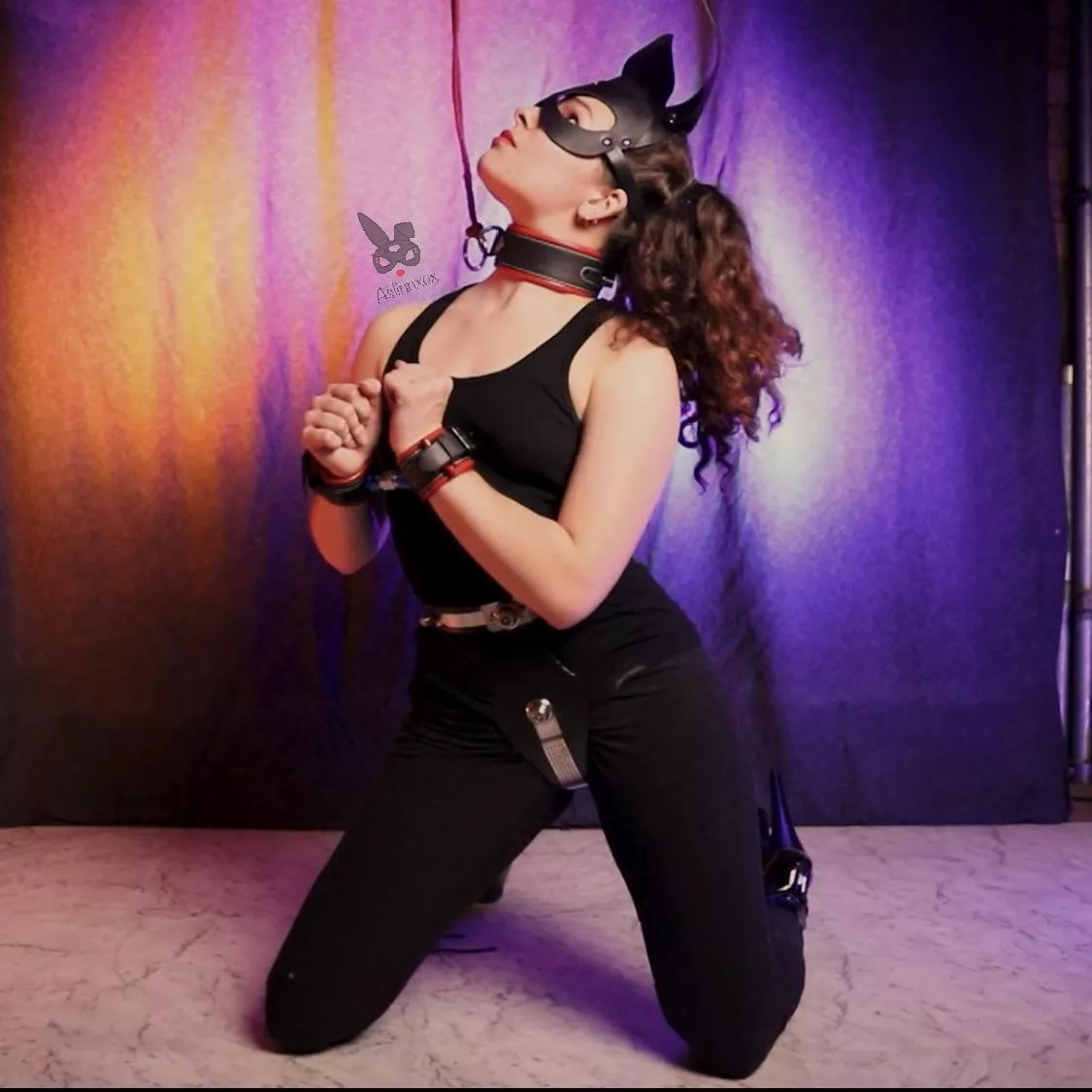 All locked & cuffed up with a rope from my collar to the ceiling preventing me from sitting down. What’s a sooky bunny to do?