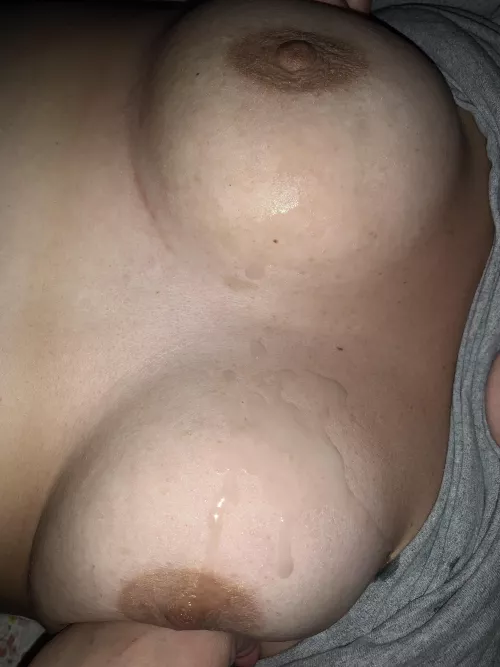 Anybody else wants to cum on my slut wife’s tits