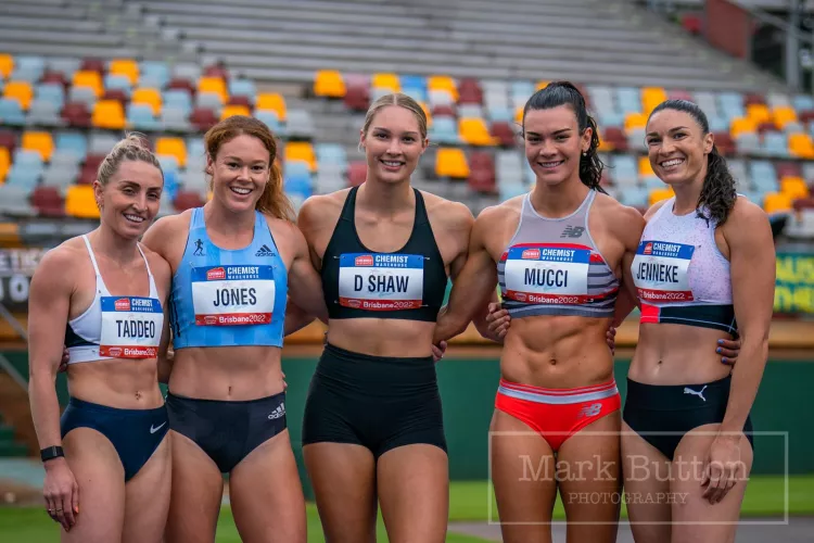 Australian hurdlers Abbie Taddeo, Hannah Jones, Danielle Shaw, Celeste Mucci and Michelle Jenneke