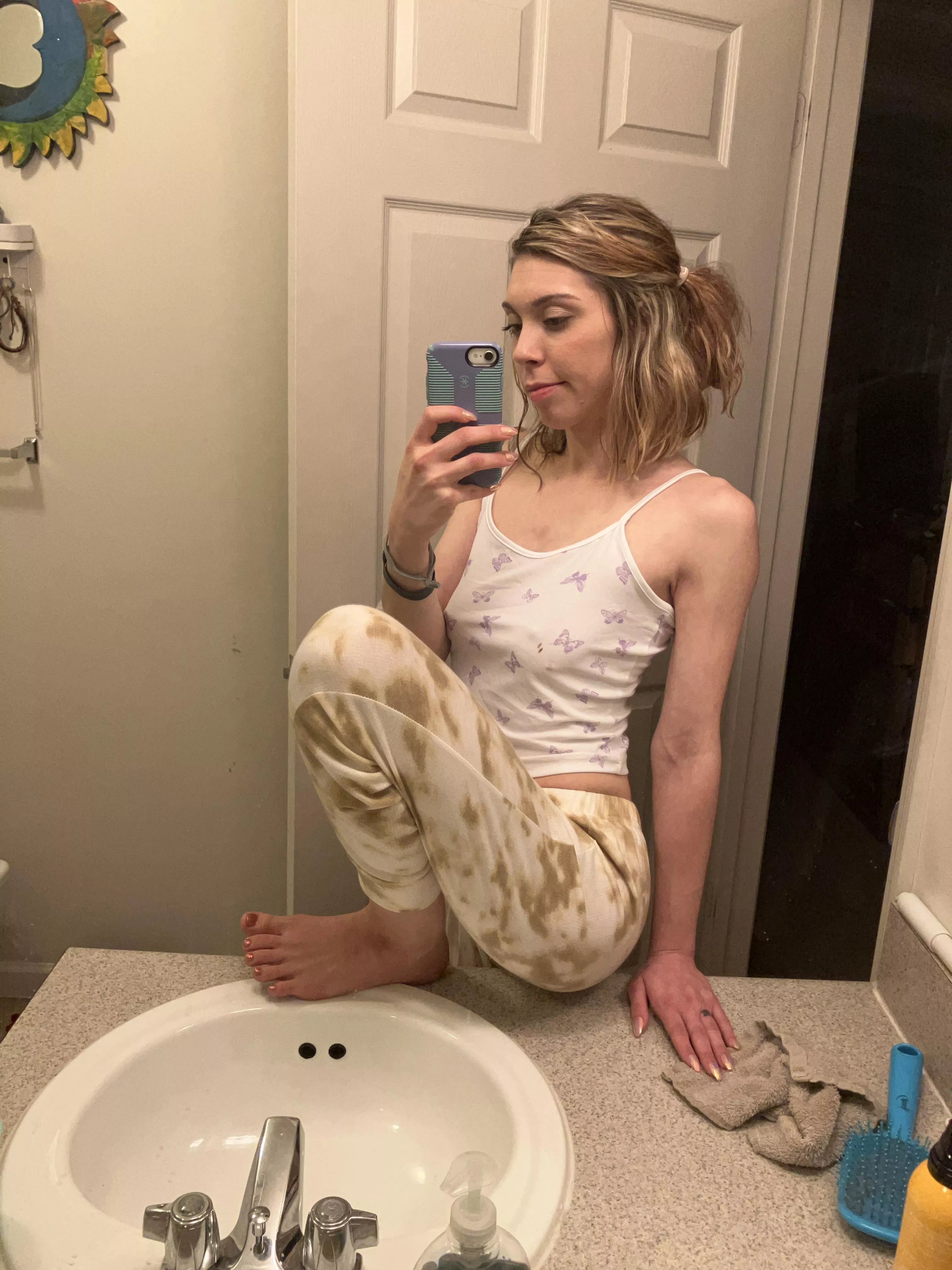 Bathroom selfie with my little nipples shining through Bathroom selfie with my little nipples shining through