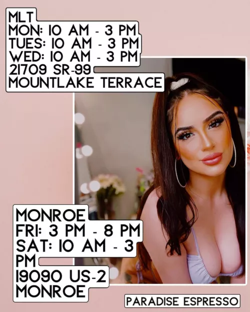 @bbygurlsunshyne NEW ACCOUNT! Come see me this week💕😇 MLT: 21709 SR-99 Mountlake Terrace WA Mon- Wed: 10 am - 3 pm Monroe: 19090 US-2 Monroe WA Fri: 3 pm - 8 pm Sat: 10 am - 3 pm