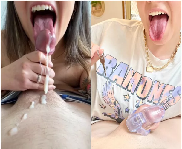 Before & After his cage arrived. Now that you’re caged do you think you could handle cleaning up all that cum for me? My tongue is only for teasing.