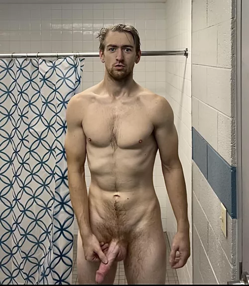 Big confused drunk leaves shower grabbing penis on St Patrick’s Day.