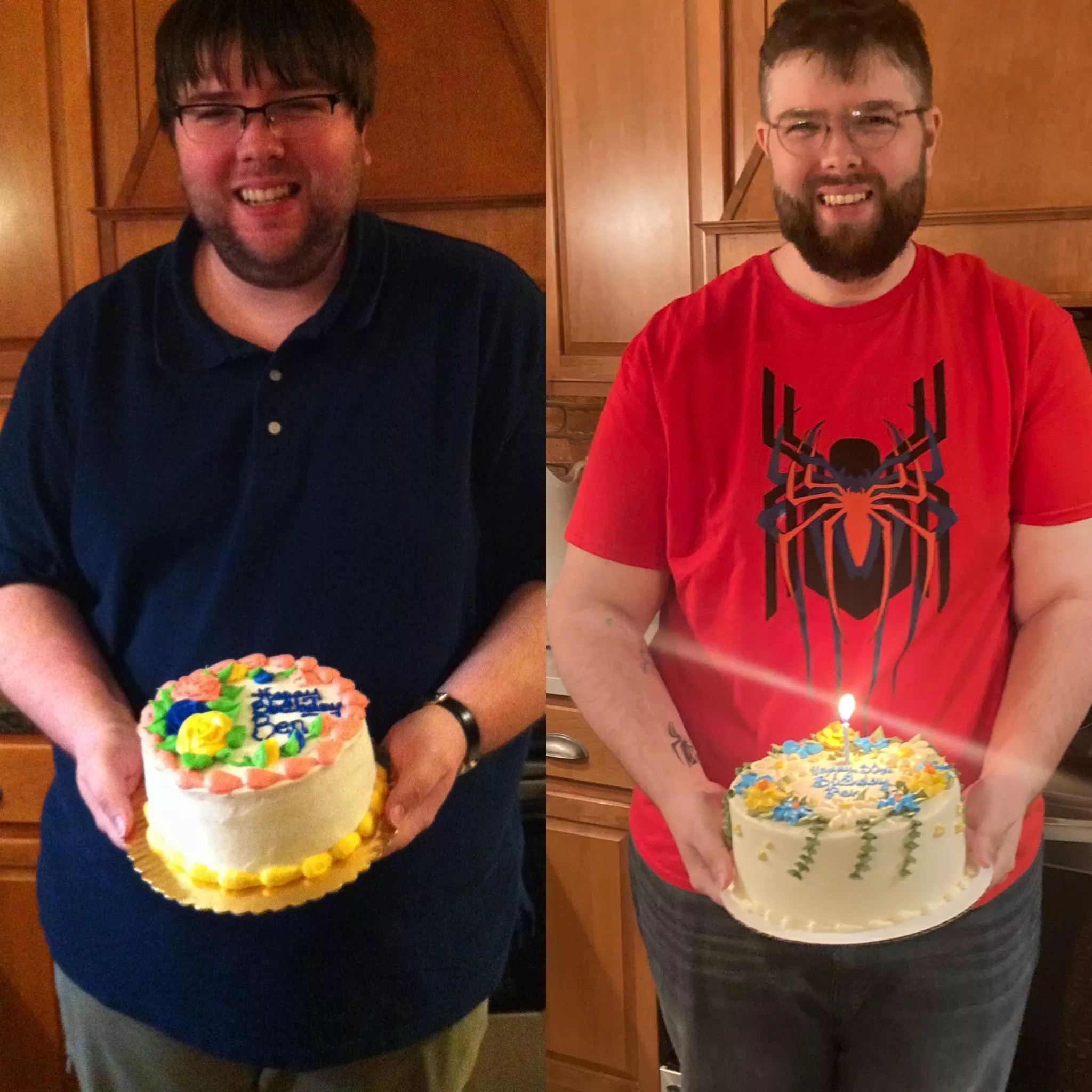 Celebrated my 30th birthday yesterday, but I want to share this comparison photo. 25th birthday on the left, 30th on the right, 100 lbs difference.