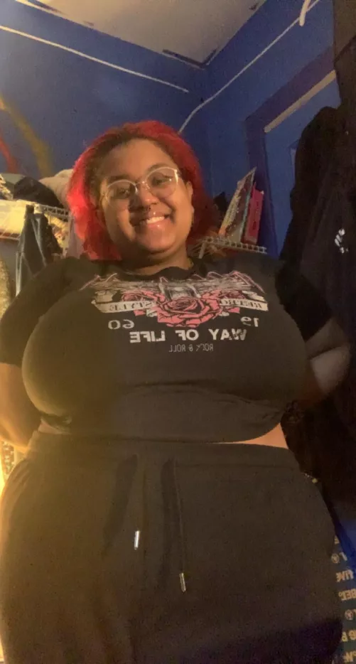 clothes today but it’s hard to hide these big tiddies and belly