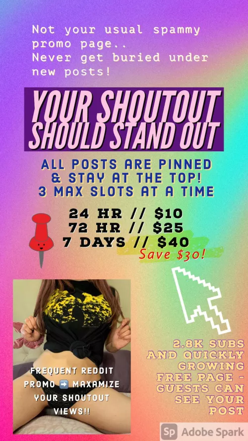 Creators! π§‘ Looking to grow β¬οΈ your OnlyFans? I offer paid Pinned π Shoutouts on my personal page (spam free look!) of 3k subs & growing daily! β¬οΈ Your post STAYS on TOP β¬οΈ never gets lost under new posts! π― I Reddit promo throug