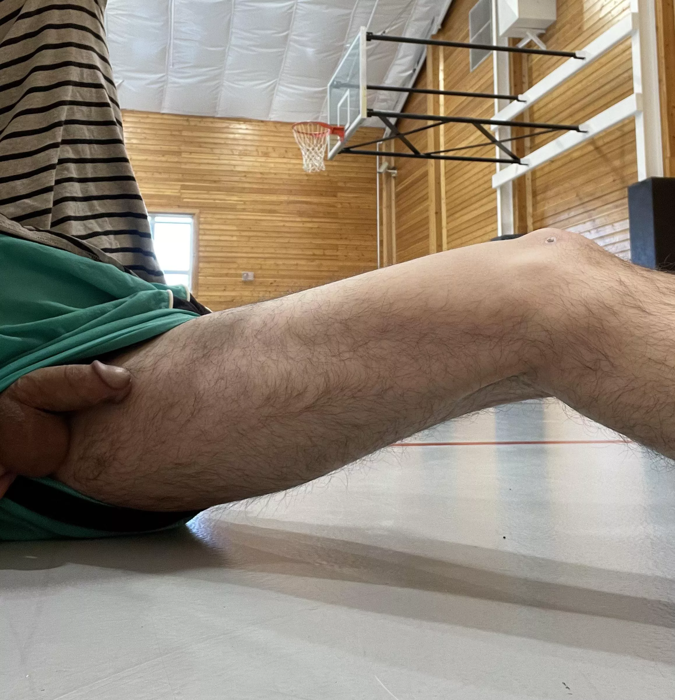 Doing two types of stretching at the gym. Getting warmed up, and stretching my ass with my plug. I think I forgot to put my underwear on tho?🍆