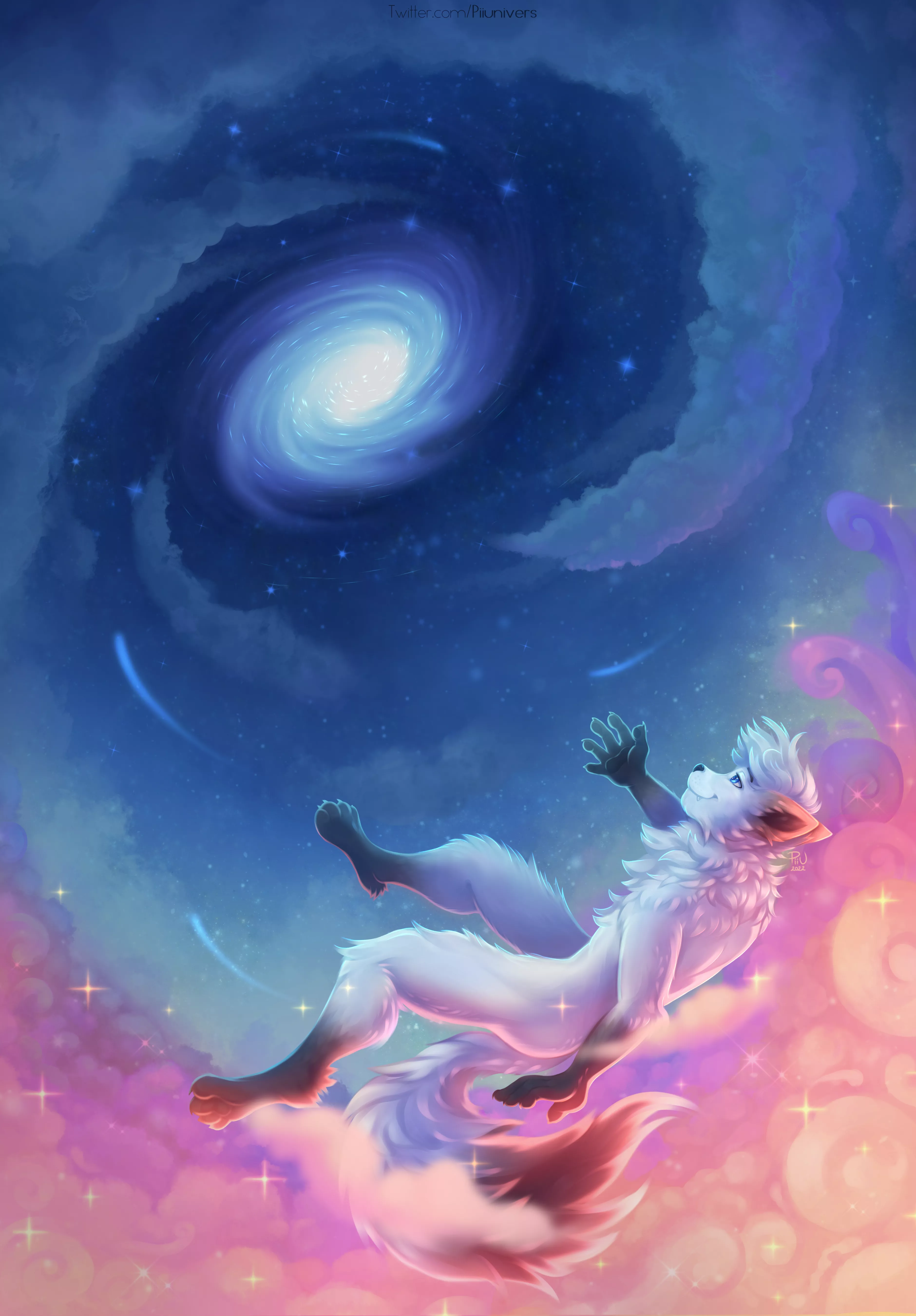 Fluffy White Wolf Flying in Clouds and Space (artist: me, Twitter @Piiunivers)