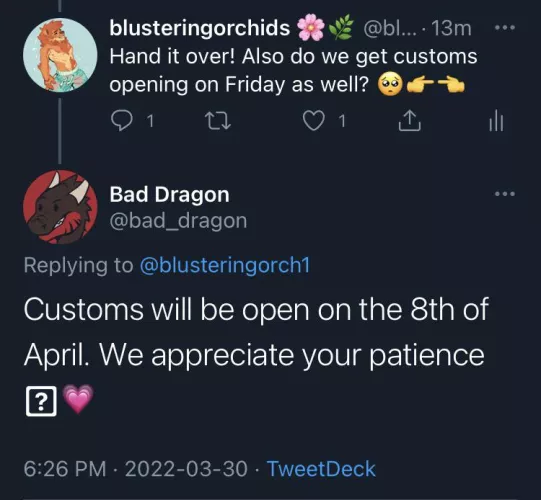For anyone wondering when customs will be open, it’s April 8th :-)