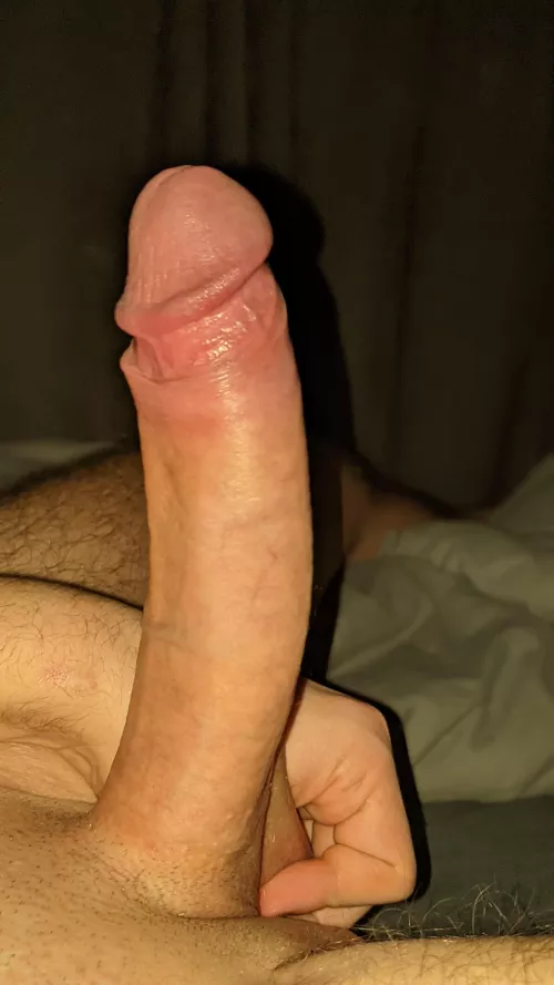 Foreskin Pulled Back & Standing to attention. What would you do with this Big Cock? 😈