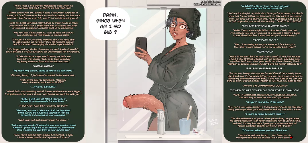 Futa is amazed by the sight of her own appendage, but when her BF calls her an airhead, she puts it to good use~ [Commission] [Artist: @Sir_Eustache]