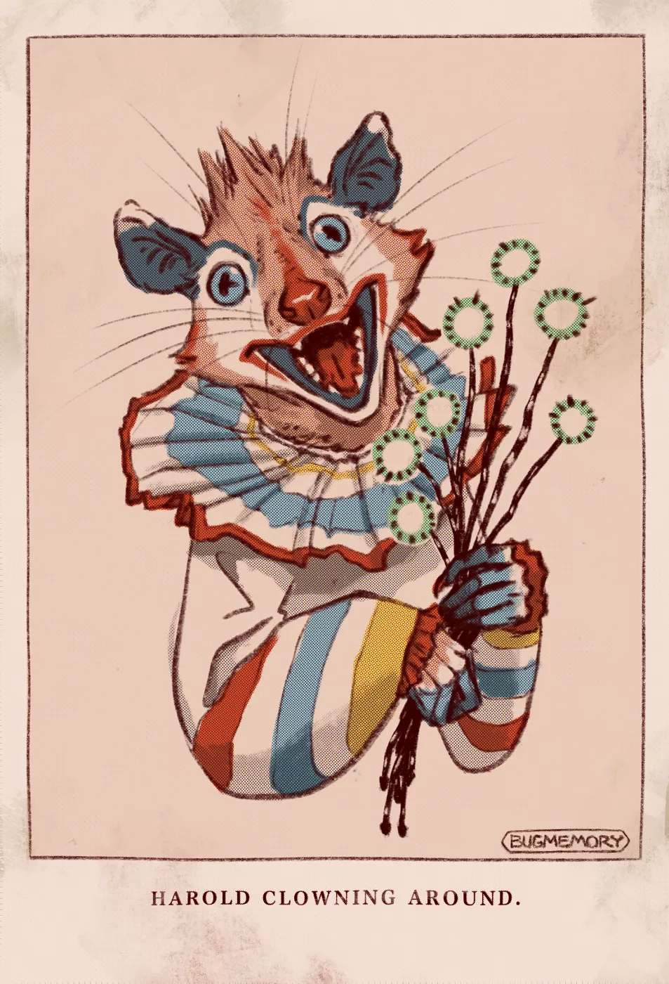 Harold Clowning Around (a new vintage-style illustration of my opossum character!)