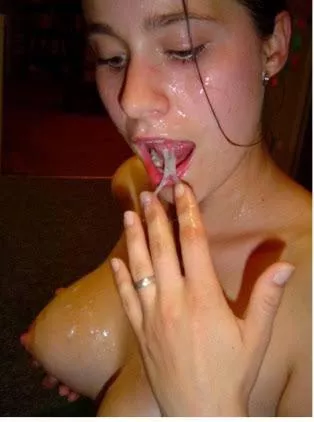 Her tits may look amazing covered in thick cum, but she won’t let it rest there for a long time. She’s wants it in her tummy!