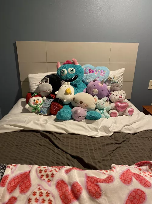 Hi! I'm the little that left my husband recently. I'm getting set up in an extended stay hotel room so I thought I would make the bed look like home. Stuffy names in the comments!