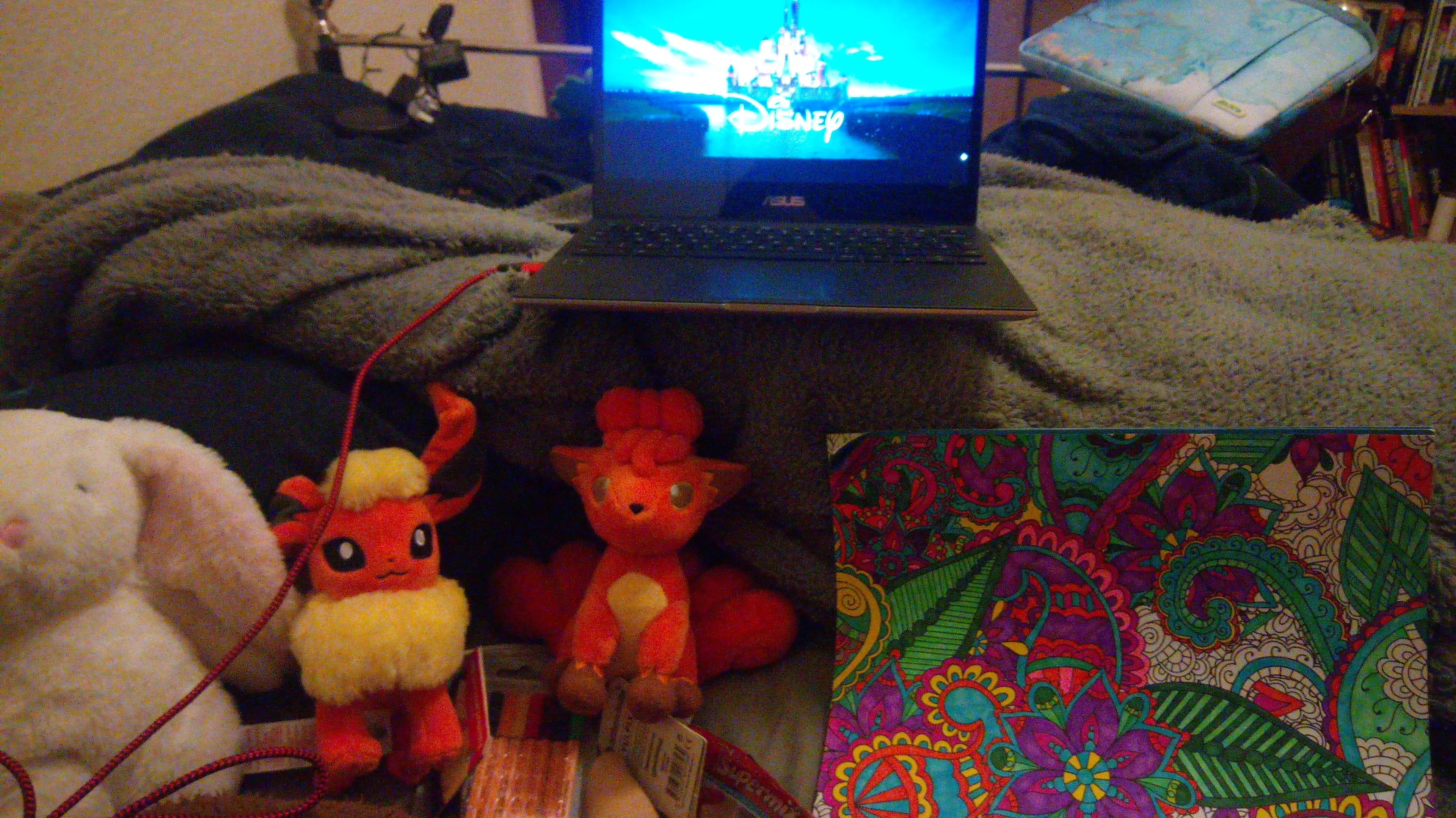 I am all set up for tonight! I gots my paci, onesie, snacks, colouring and movie. 🍼 oh and my stuffiessss