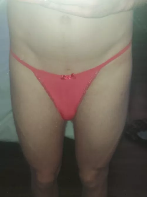 i am on a trip with my girlfriend and she told me not to bring underwear, she would let me wear hers. for today she brought me this small thong