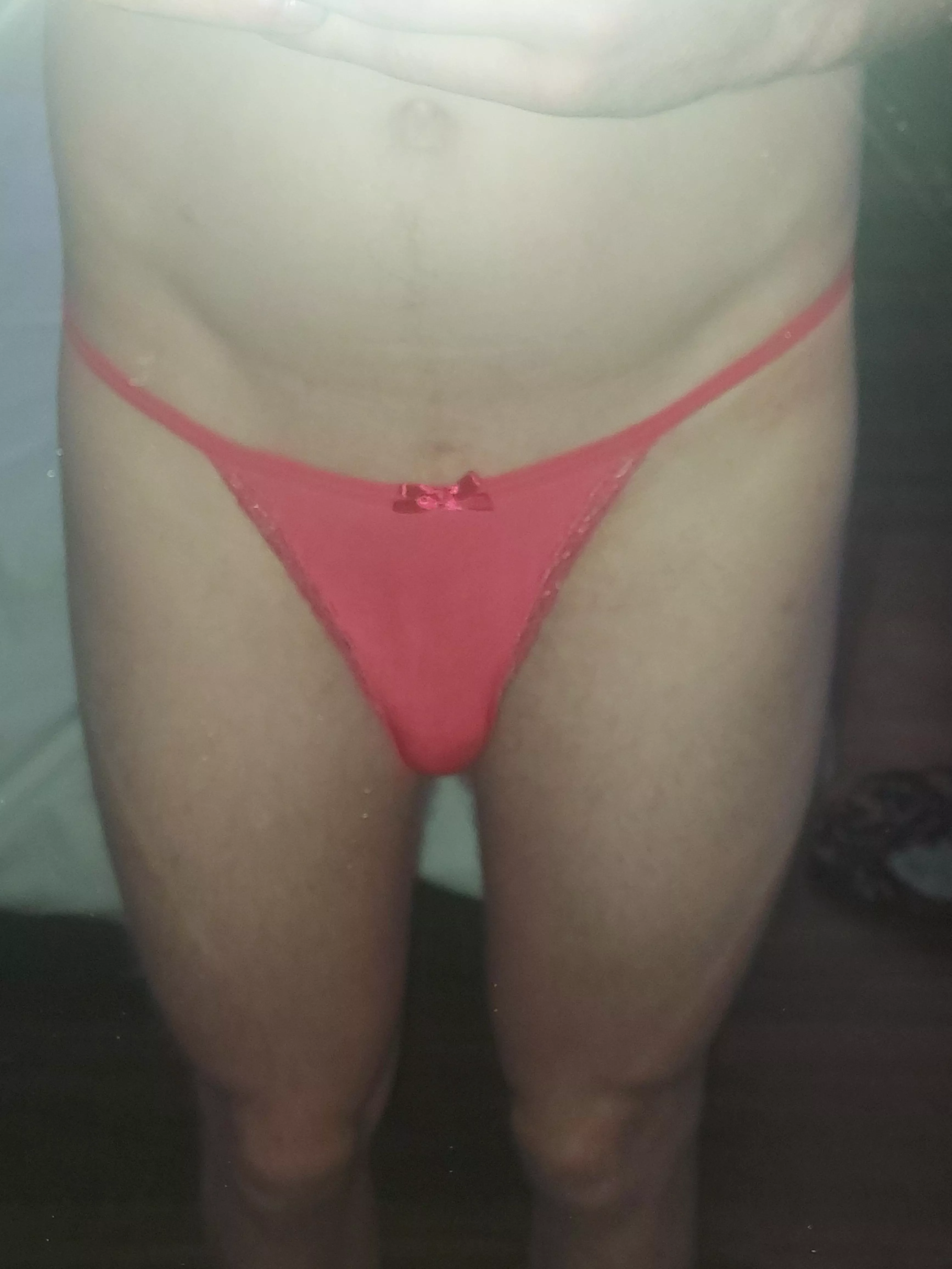 i am on a trip with my girlfriend and she told me not to bring underwear, she would let me wear hers. for today she brought me this small thong