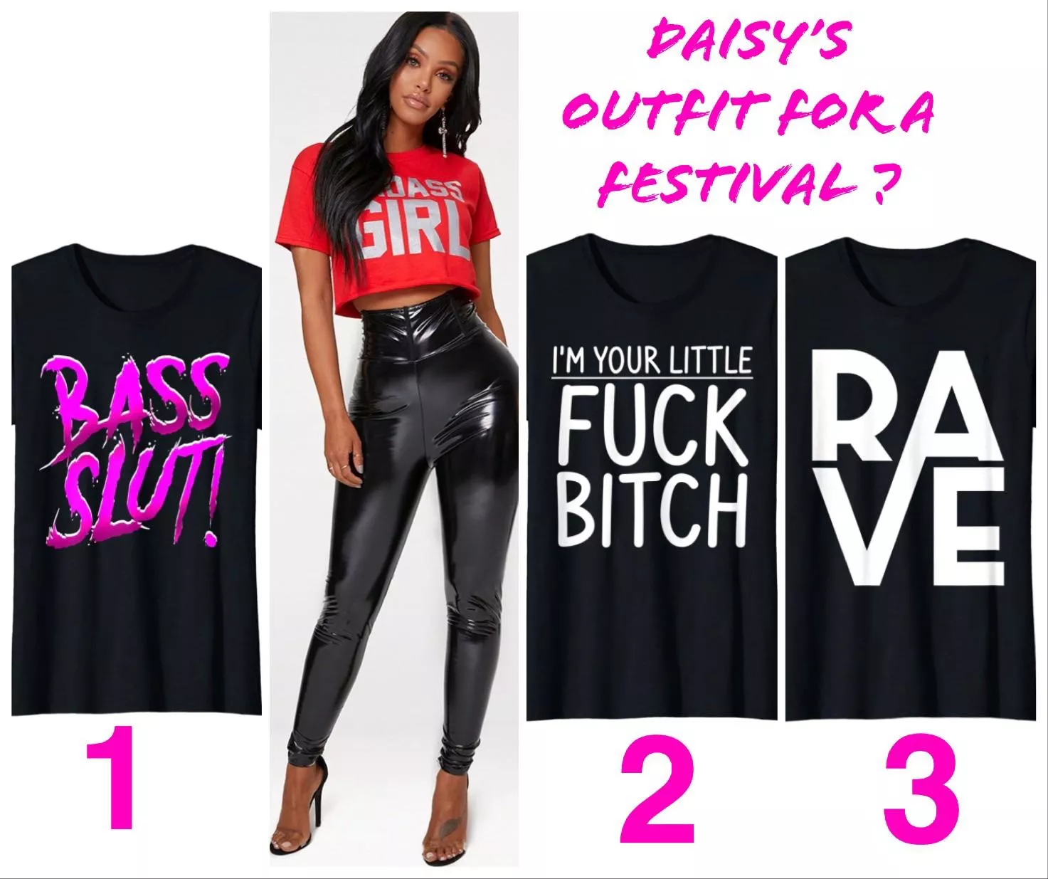 I asked daisy to wear these leggings for her next festival. Wich top should she buy? #daisy_slp #sissyexposed #sissy