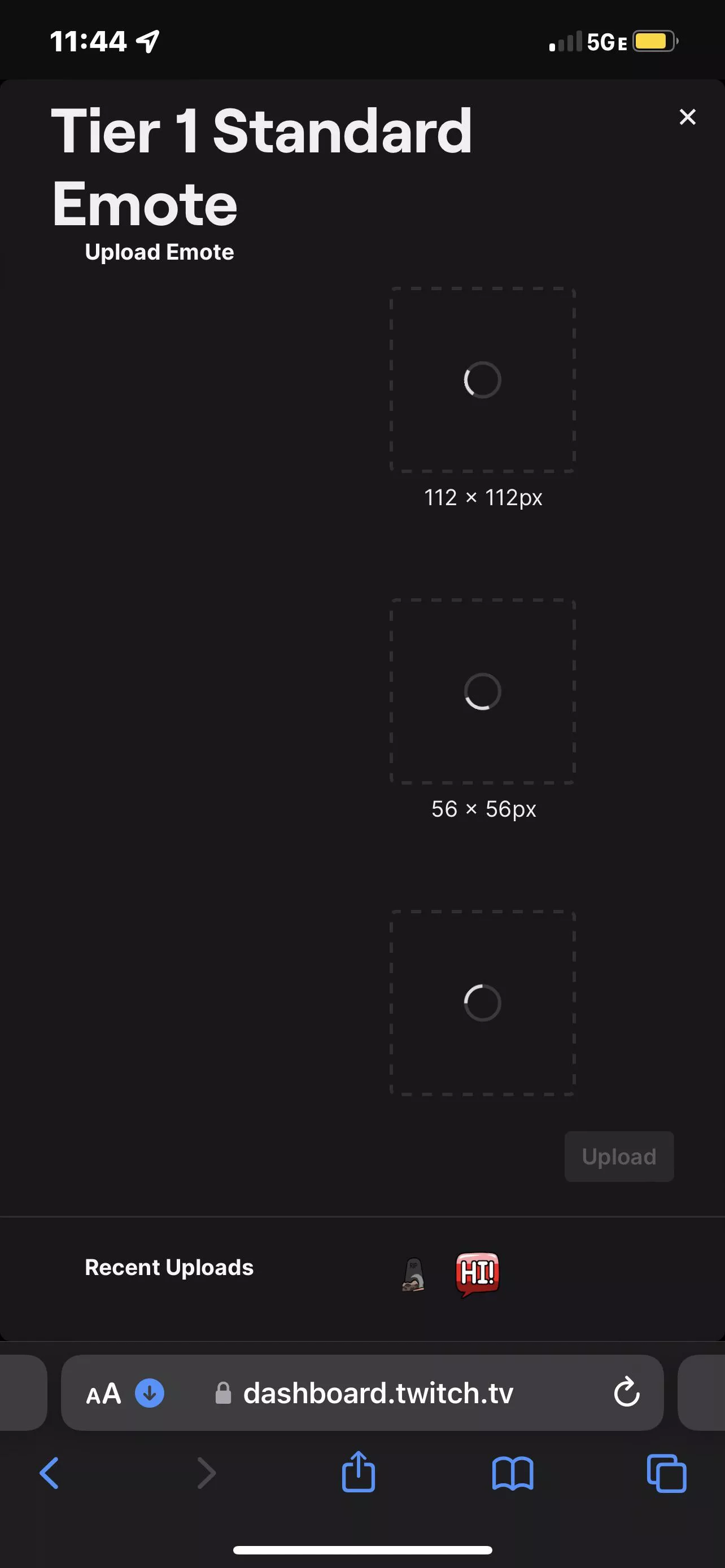 I can’t upload emotes bc it’s just loading like this, one emote was uploaded but the others just stay loading like this (it’s been 10 mins and still stuck like that).