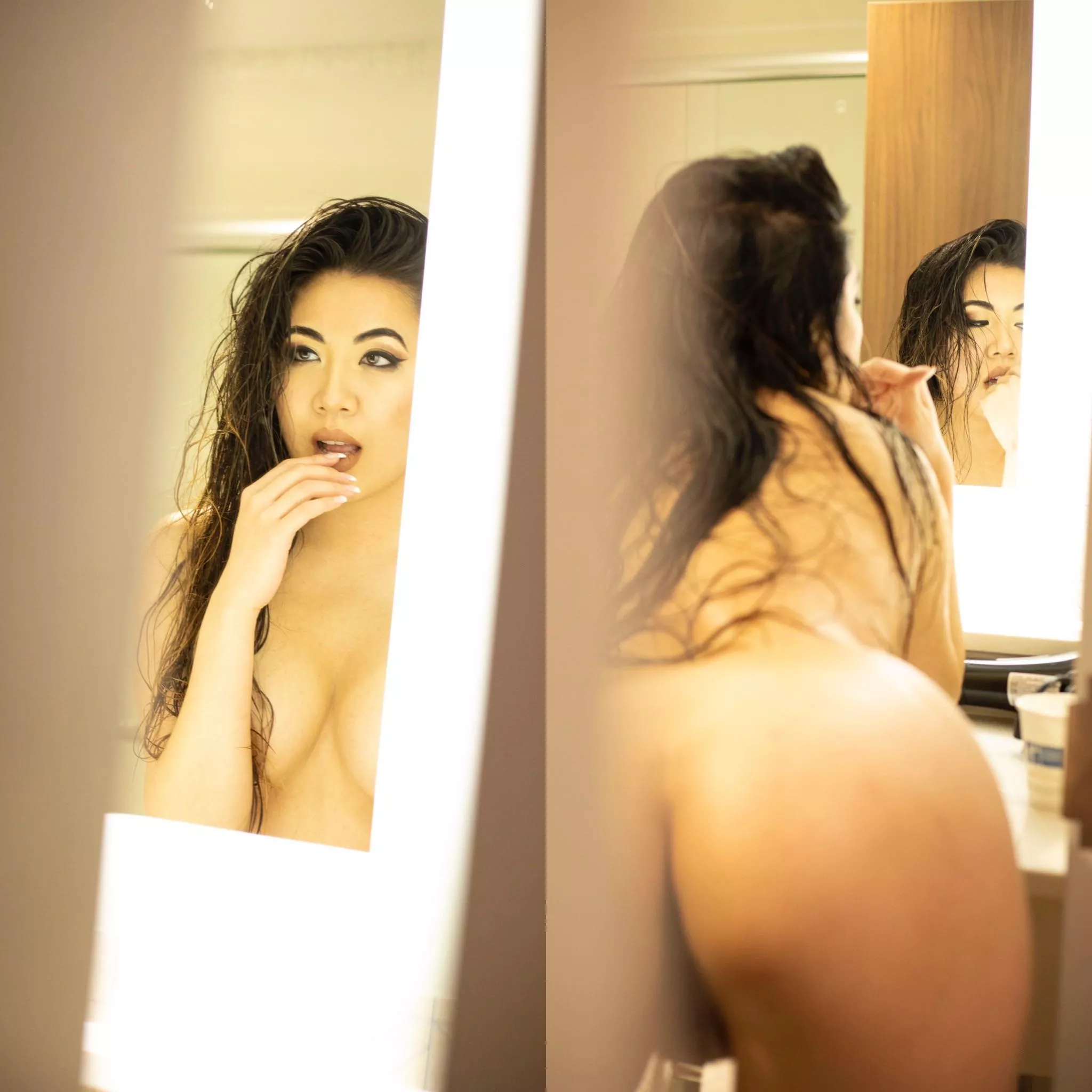 I didn’t see you there outside my bathroom door. Would you like to cum in?