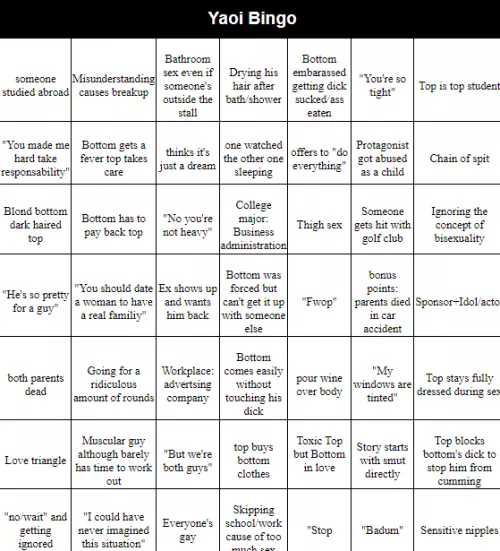 I made the Yaoi Bingo bigger this time because there are just so many tropes and phrases that occur often enough to be remarkable