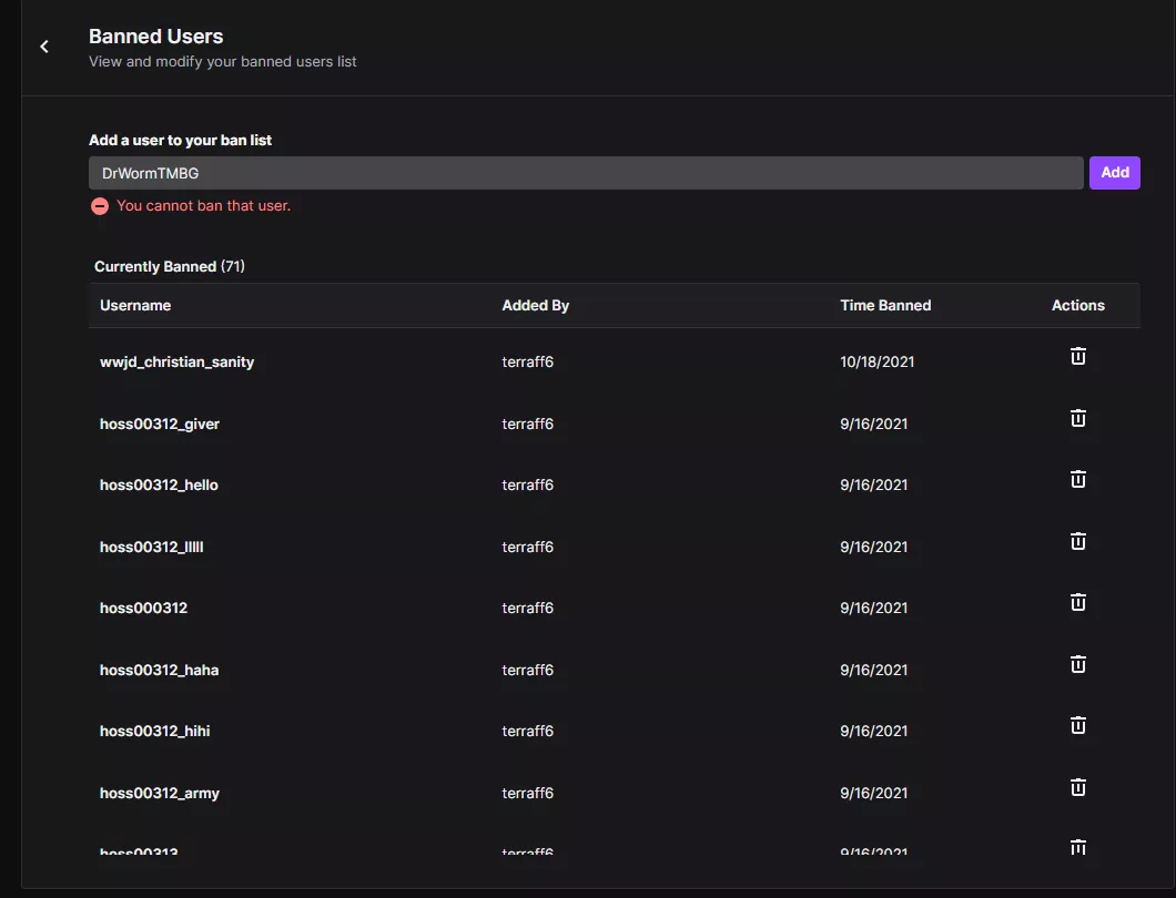 is there a reason i cant ban this person? cause i tried multiple times to ban them from my chat is there a reason i cant ban this person? cause i tried multiple times to ban them from my chat