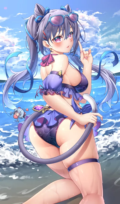 Keqing at the sea side with Ganyu keychain (yuukishita2411) [Genshin Impact]