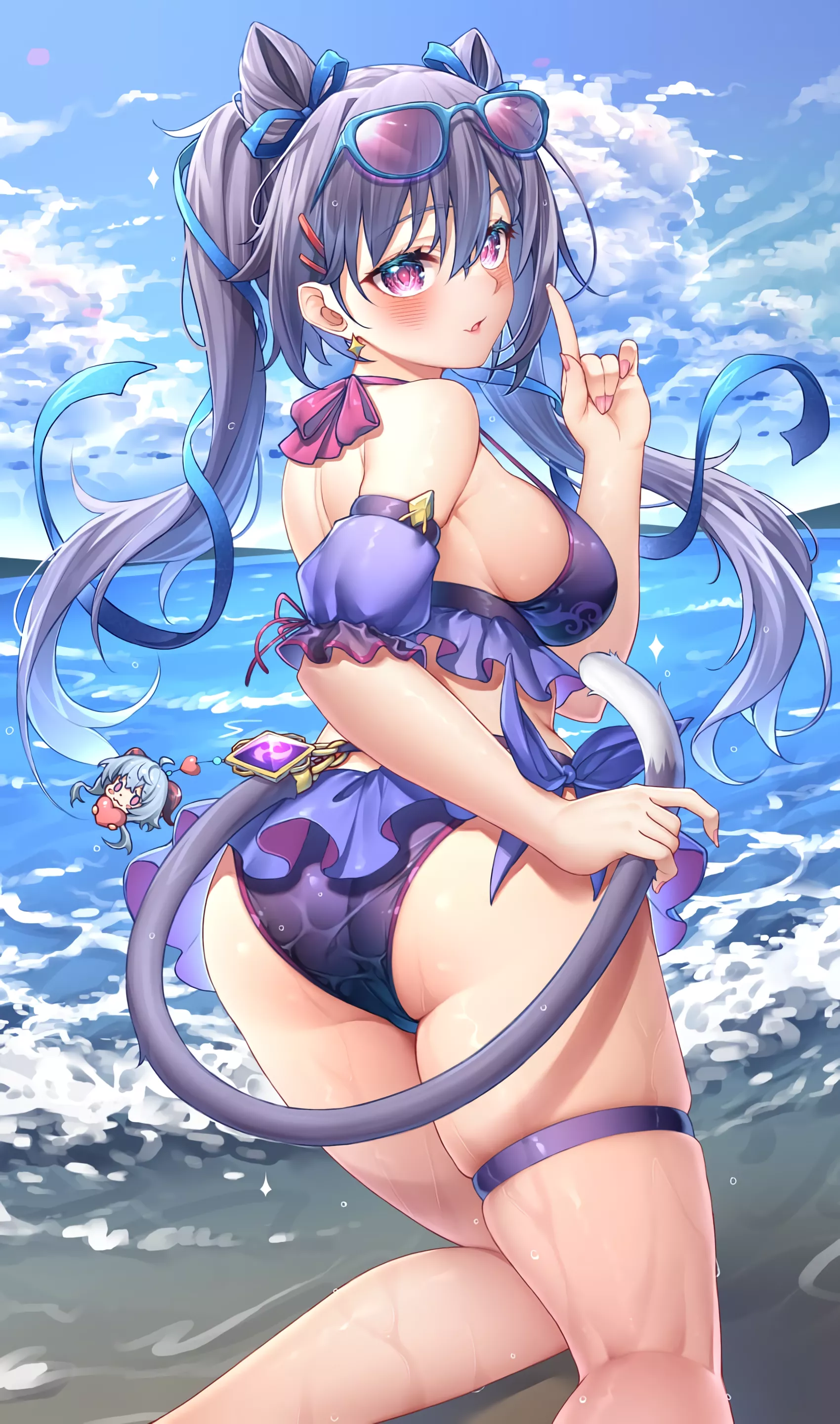 Keqing at the sea side with Ganyu keychain (yuukishita2411) [Genshin Impact]