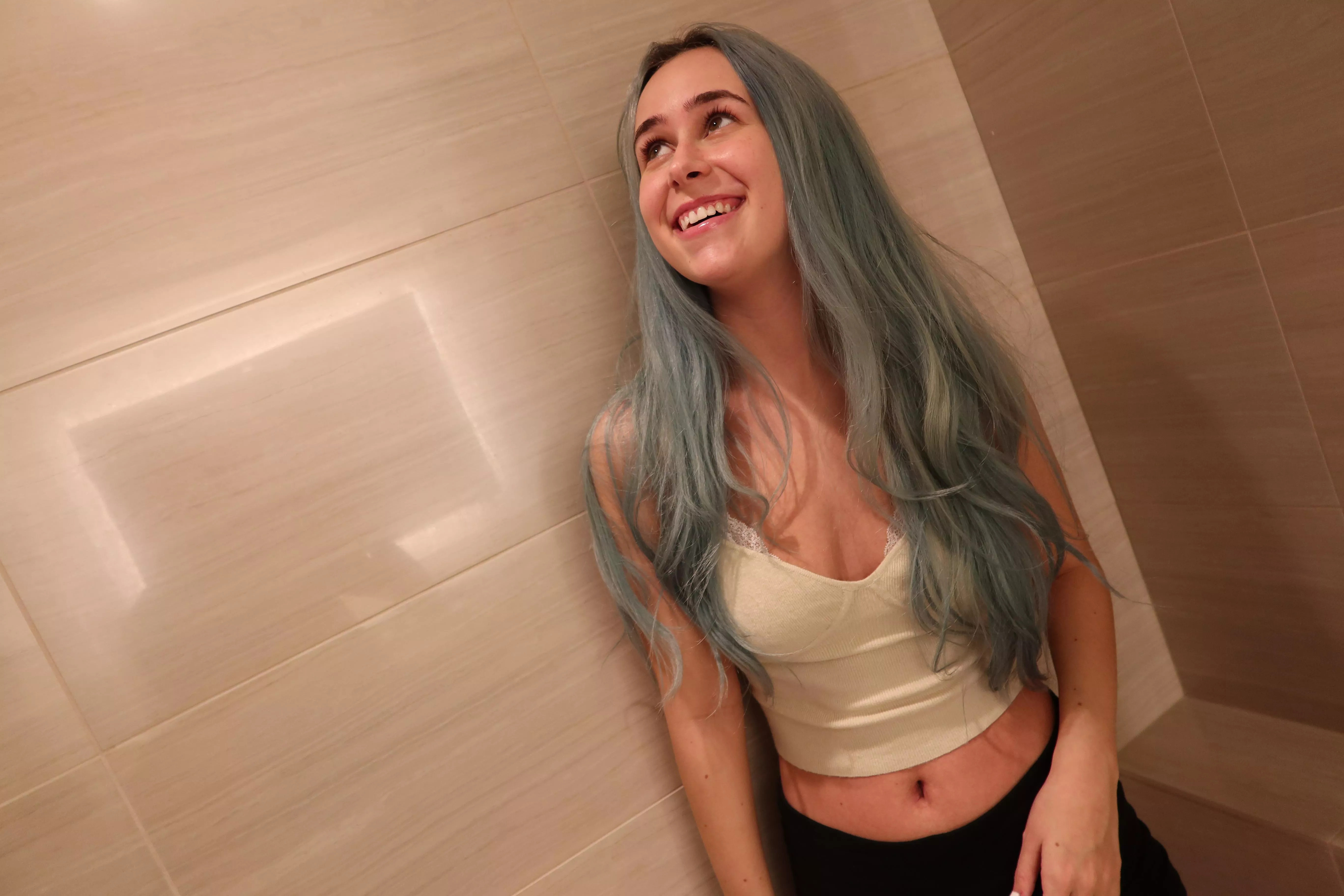 Laughing with my crop top on