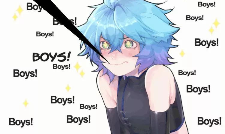 LF Color Source 1boy blue hair multi colored hair blushing unusual pupils star shaped pupils black clothes long gloves spandex repeating text: “Boys!” sitting kneeling