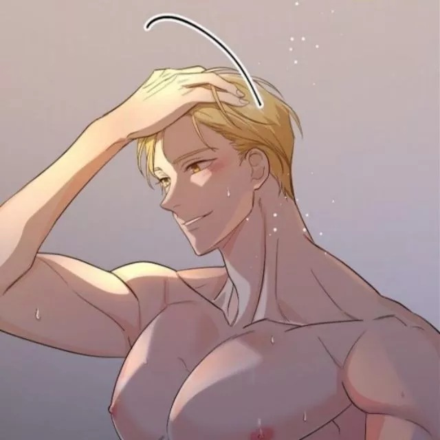 LF Color Source: 1boy, yellow/blonde hair, short hair, sweat drop, head grab, blush, yellow eyes, abs, muscular male, large pectorals, male focus, nipples, sideburns, yellow eyebrows, upper body