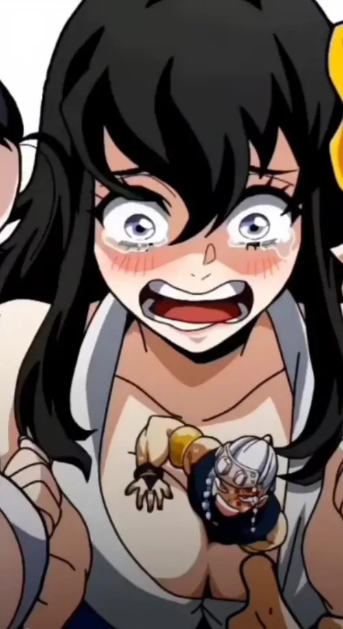 LF Color Source: 1girl, 1boy, black hair, long hair, hair between eyes, purple eyes, blush, crying/tears, big/large breasts, open mouth, teeth, breasts grab, between breasts, demon slayer/kimetsu no yaiba, Uzui Tengen