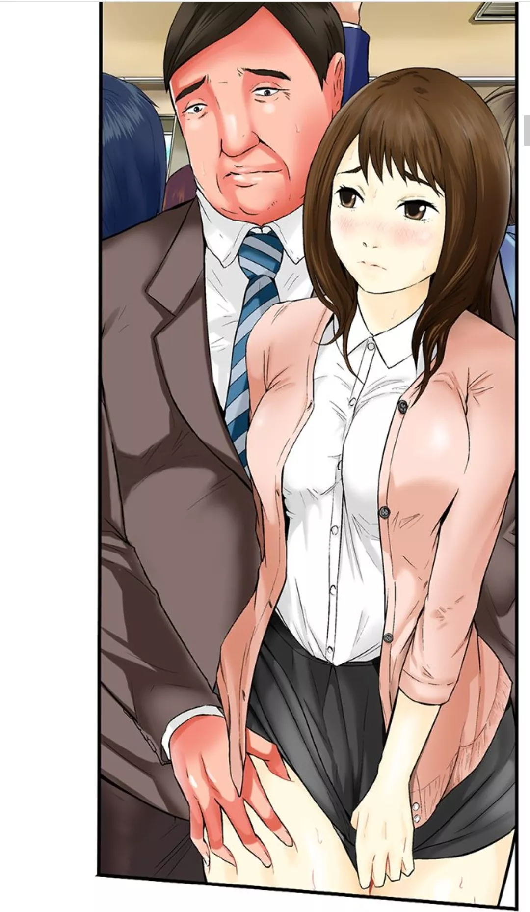 LF Color Source: 1girl, 1boy, chikan, ugly bastard, brown hair, long hair, molestation, business suit, big/large breasts, thigh grab, sweat, blush, train