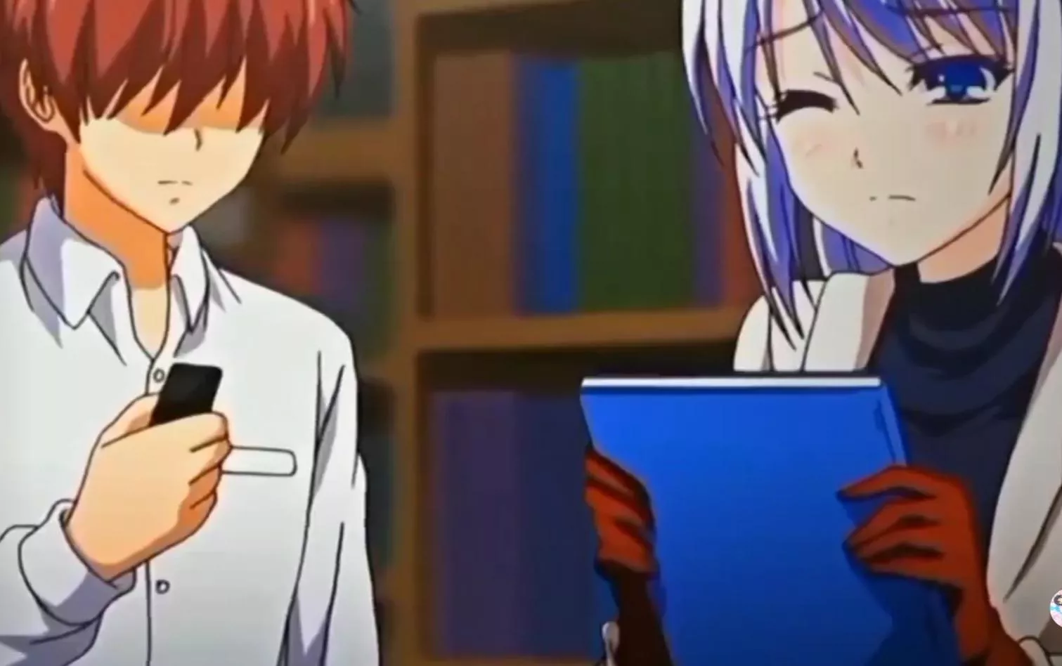 LF Color Source: 1girl, 1boy, white hair, blue eyes, red gloves, remote vibrator