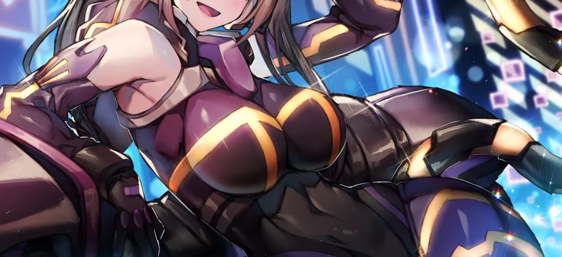 LF Color Source : 1girl, armpits, breasts, black hair, bodysuit, gloves, open mouth