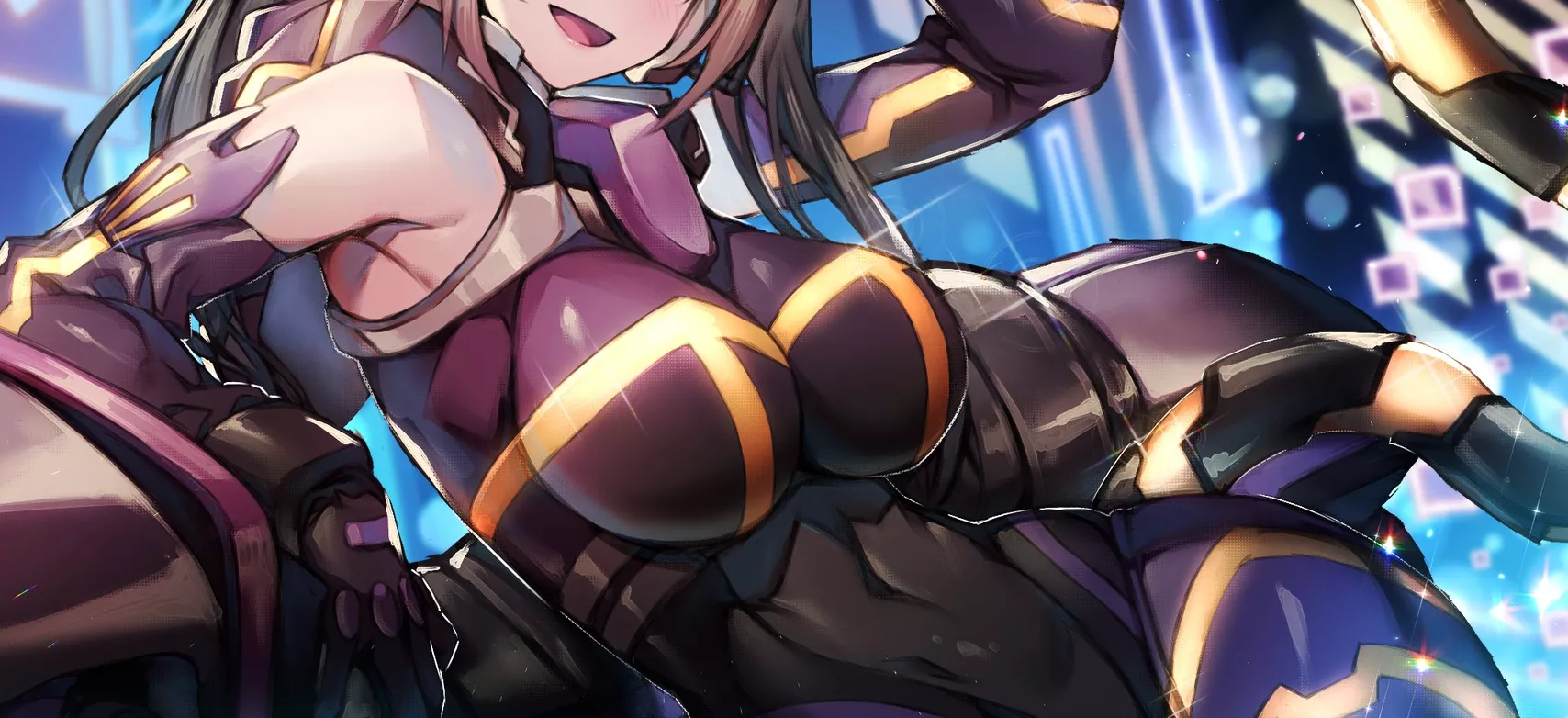 LF Color Source : 1girl, armpits, breasts, black hair, bodysuit, gloves, open mouth