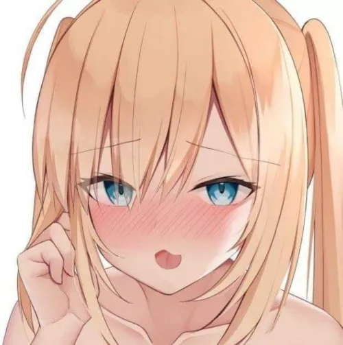 LF Color Source: 1girl, blonde hair, ahoge, open mouth, blue eyes, eyebrows visible through hair, blush, looking at viewer, collarbone, hand in hair, twintails