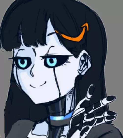 LF Color Source, 1girl, blue eyes, black hair, gray shirt, robot, long hair