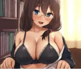 LF Color Source: 1girl, brown hair, glasses, blue eyes, black bra, large breasts, mouth open, black jacket, jacket down, bookcase, curtains, twintails