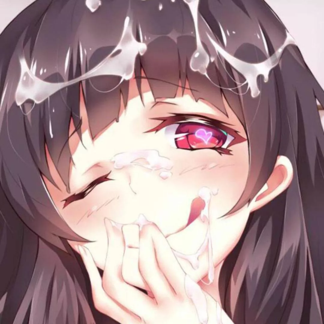 LF Color Source: 1girl, cum, cum on hair, facial, heart-shaped pupils, tongue out, licking lips, hand to own mouth, smile, one eye closed, brown hair.