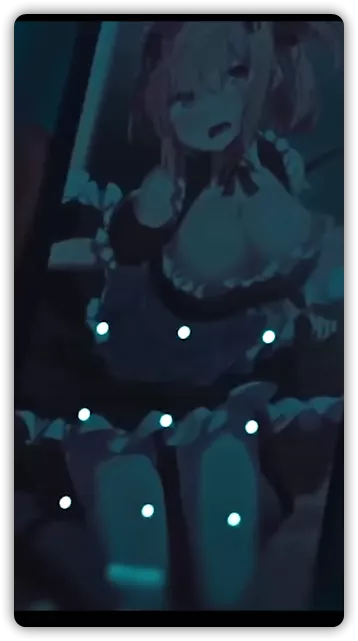 LF Color Source, 1girl, hair between eyes, large breasts, maid, apron, open mouth, blushed, fangs, looking at another