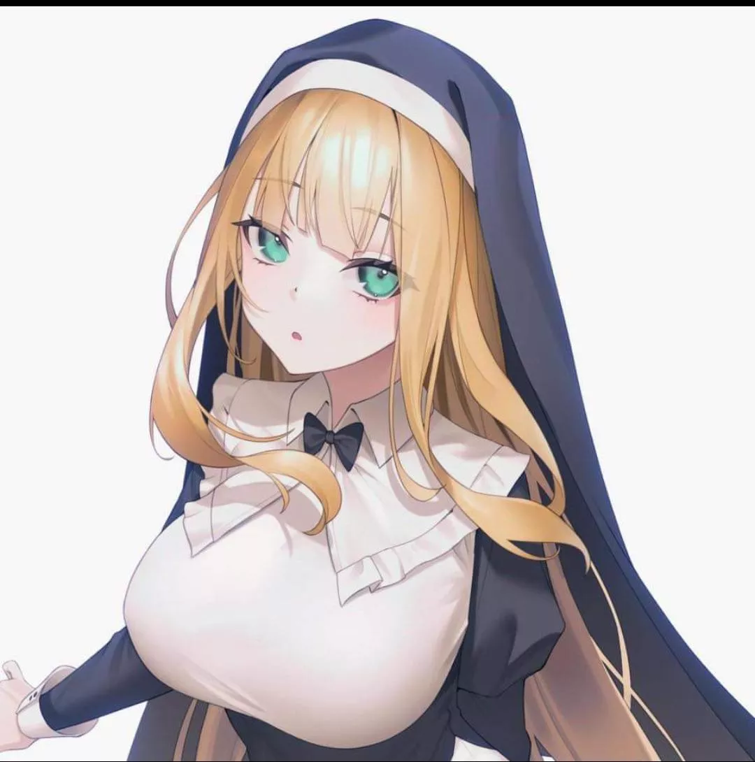 LF Color Source: 1girl, nun, blonde hair, green eyes, ribbon, eyebrows visible through hair, :o, looking at viewer, breasts
