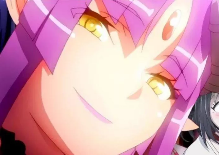 LF Color Source: 1girl, purple hair, yellow eyes, smiling, forehead gem, elf ears